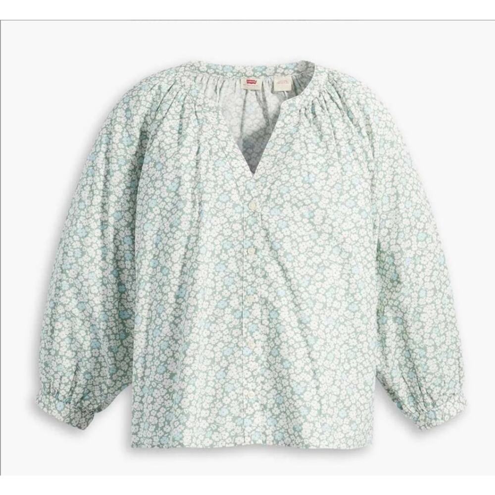 Levis Lainey Blouse Green White Blue Floral 100% Cotton Sz XXL Boho Artist NWOT - Picture 3 of 6